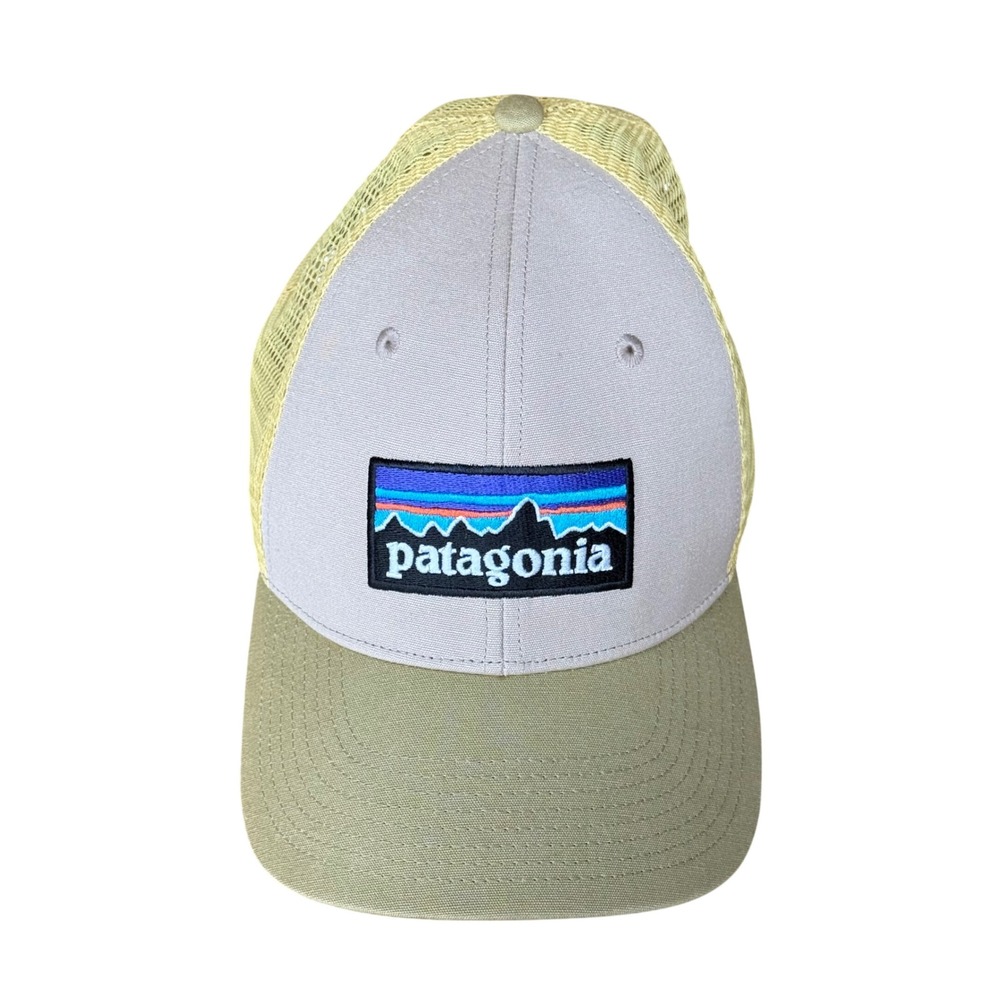 Patagonia P-6 Logo LoPro Trucker Hat Tan Yellow NetPlus Snapback‎ Mesh Cap Mens